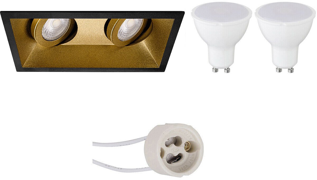 GU10 Inbouwspot Set - Mat Zwart/Goud - Inbouw Rechthoek Dubbel - Kantelbaar - Pragmi Zano Pro - 4W - Warm Wit 3000K - 185x93mm