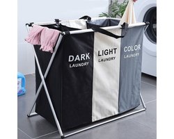Wassorteerder - 90L - Wasmand 3 Vakken - Opvouwbare Wasmanden - Wassorteerder 3 vaks - Alu Frame - Zwart - Wit - Grijs