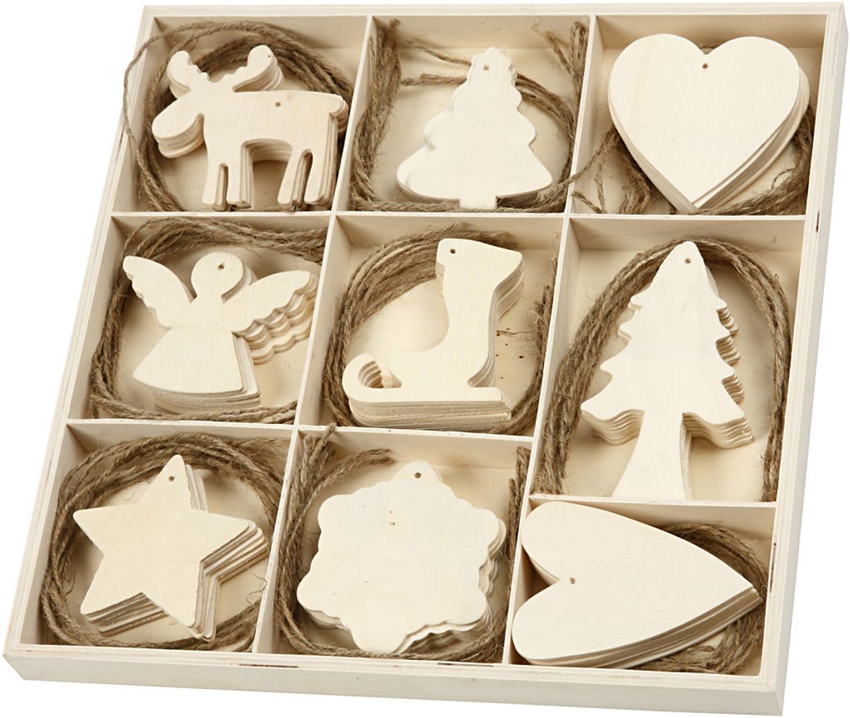 Houten decoraties, Kerst, afm 7-8 cm, 72 stuk/ 1 doos