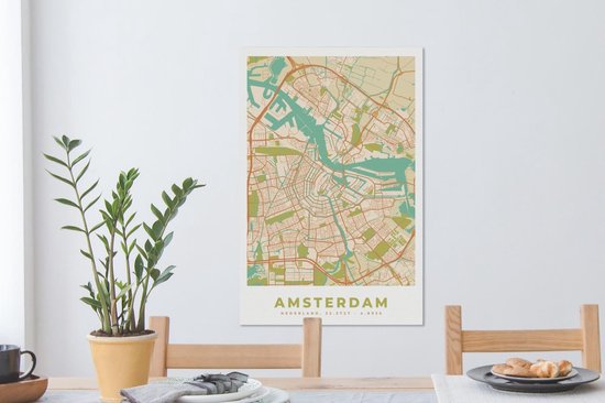 Peinture sur Toile City Map - Amsterdam - Vintage - 40x60 cm - Décoration murale - Carte