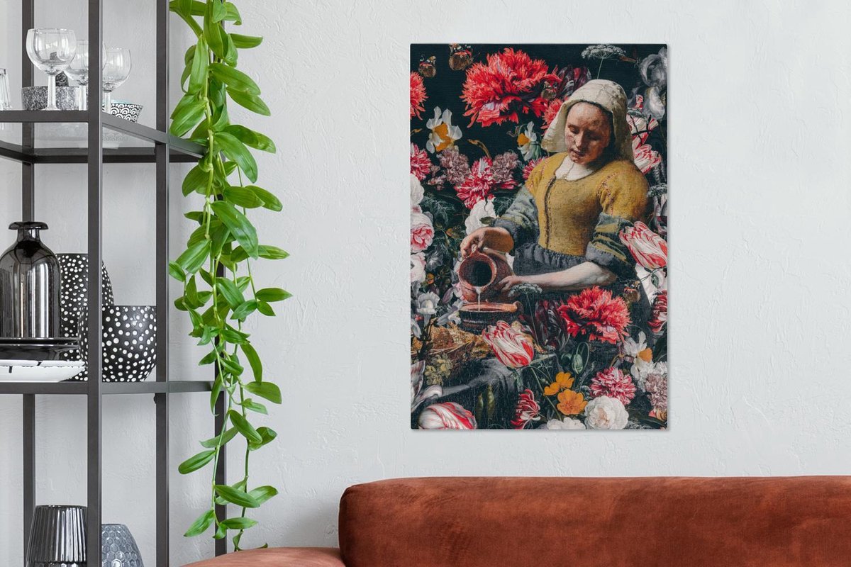 Canvas Schilderij Melkmeisje - Johannes Vermeer - Bloemen - Roze - 60x90 cm  -... | bol.com