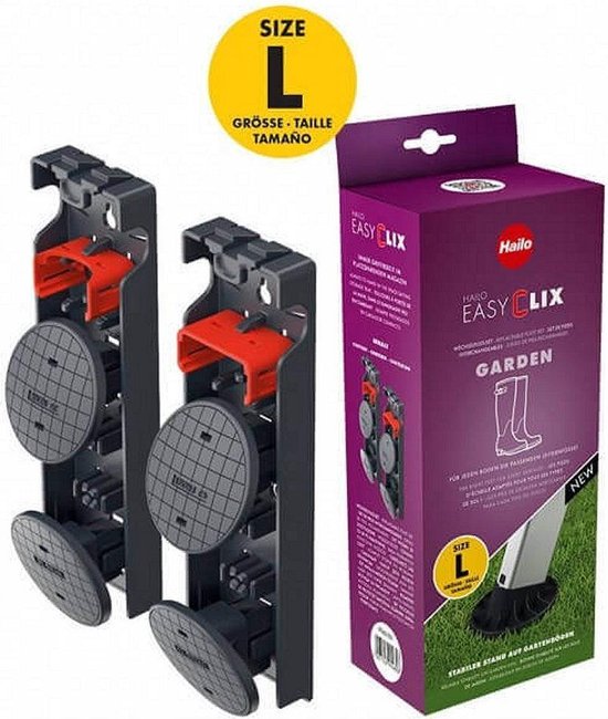Twee Hailo EasyClix Garden laddersteunen met ronde voeten en een paarse doos.
