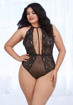 Queen Size Stretch Lace and Mesh Teddy - Black - Queen Size