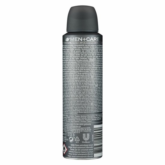 Achterkant van een Dove Men+Care Extra Fresh anti-transpirant spuitbus met veel tekst en een barcode.