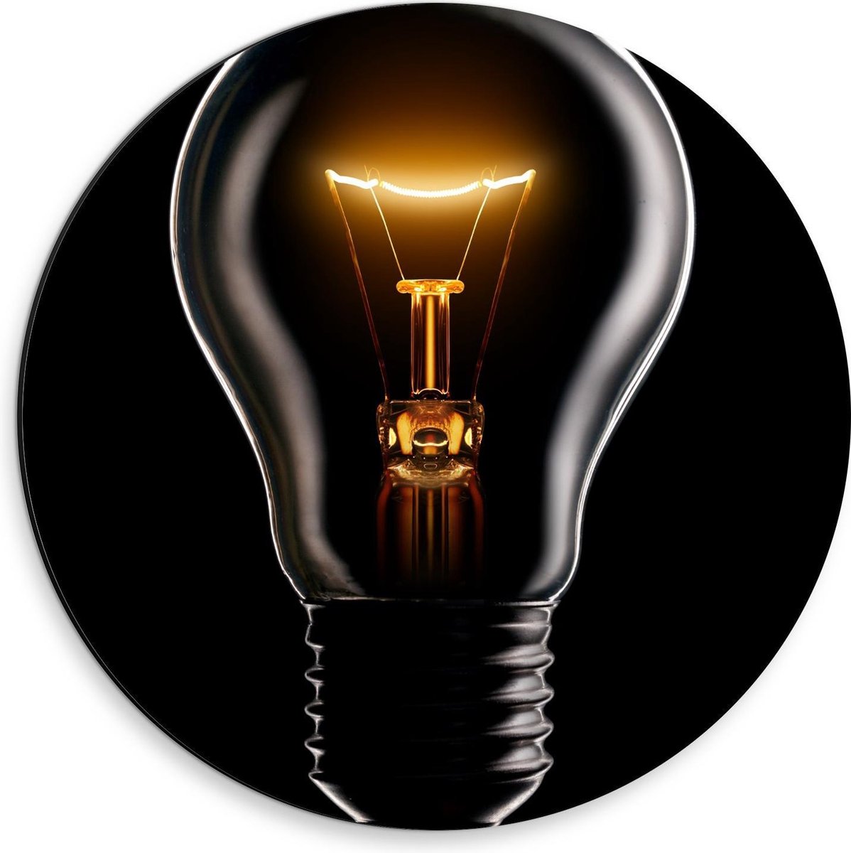 Dibond Wandcirkel - Gloeilamp op Zwarte Achtergrond - 30x30cm Foto op Aluminium Wandcirkel