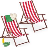 Relaxdays strandstoel met armleuningen - set van 2 - opvouwbare ligstoel - campingstoel - wit-rood