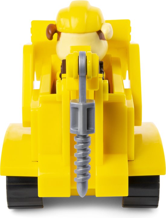 Vooraanzicht van de gele Paw Patrol bulldozer met boor.