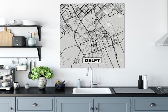 Tableau sur Toile Carte de Ville - Delft - Grijs - Wit - 90x90 cm - Décoration murale