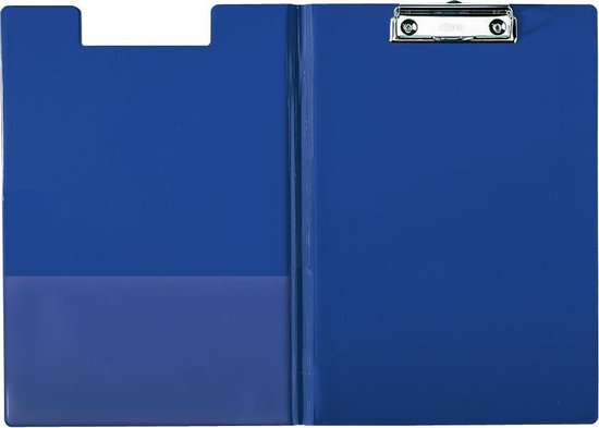 Planchette A4 bleue avec couverture, porte-stylo et pochette intégrée sur le côté gauche.