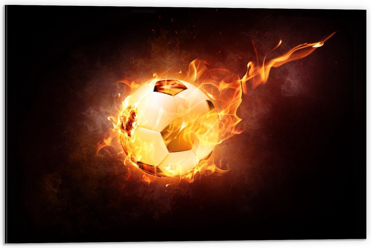 Dibond - Voetbal met Snelheidsvuur - 60x40cm Foto op Aluminium (Wanddecoratie van metaal)