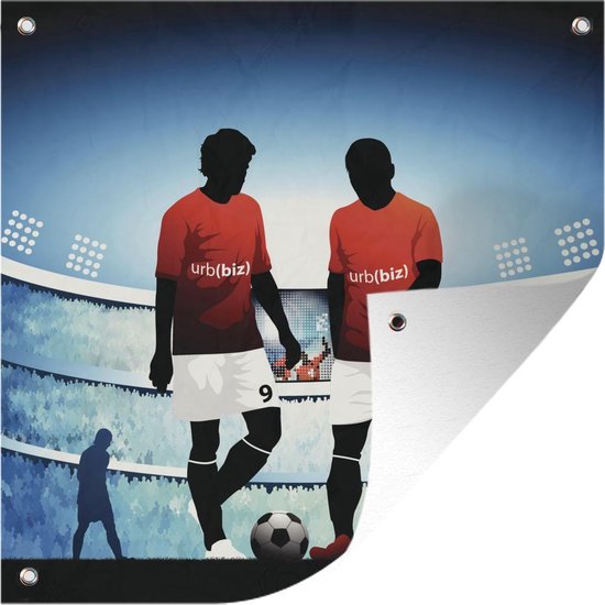 Tuinposters Een illustratie van twee voetballers in een stadion - Jongens - Meiden - Kids - 50x50 cm - Tuindoek - Buitenposter