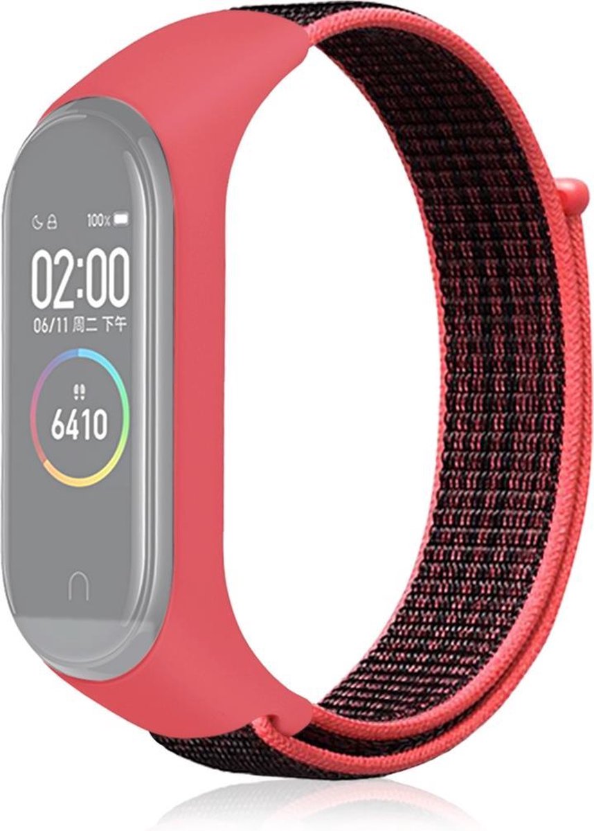 By Qubix - Nylon Geweven Bandje Geschikt voor Xiaomi Mi Band 3 / 4 / 5 / 6 / 7 - Roze / Zwart