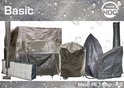 Overzicht van 'Basic' hoezen voor tuinmeubelen: parasols, stoelen, tafels en loungeset. Grijs met waterdruppels.