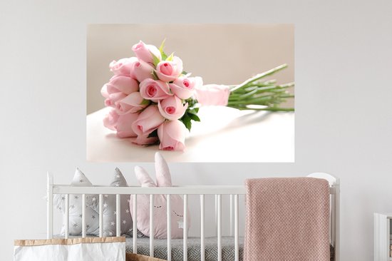 Sticker Muursticker Rose rose - bouquet de rose rose sur tableau blanc - 90x60 cm - film adhésif autocollant - sticker mural repositionnable