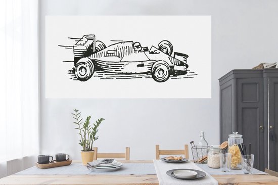 Sticker Muursticker illustration Formule 1 - illustration noir et blanc d' une voiture de course de Formule 1 - 160x80 cm - film adhésif autocollant - sticker mural repositionnable