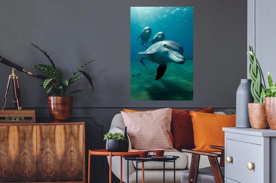 Sticker Muursticker Animaux aquatiques marins - Photo sous-marine de trois dauphins - 60x90 cm - Film adhésif autocollant - Sticker mural repositionnable