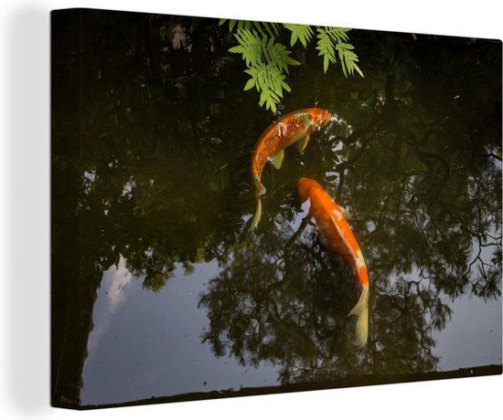 Canvas Schilderij Twee koi karpers om een vijver - 30x20 cm - Wanddecoratie