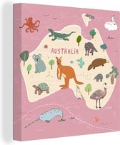 Canvas Wereldkaart - 90x90 - Wanddecoratie Dieren - Wereldkaart kinderen - Australië - Meisjes - Meiden - Kids