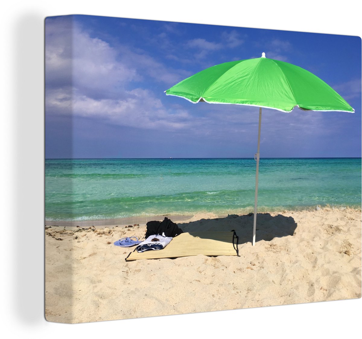 Canvas Schilderij Parasol - Strand - Zand - 120x90 cm - Wanddecoratie