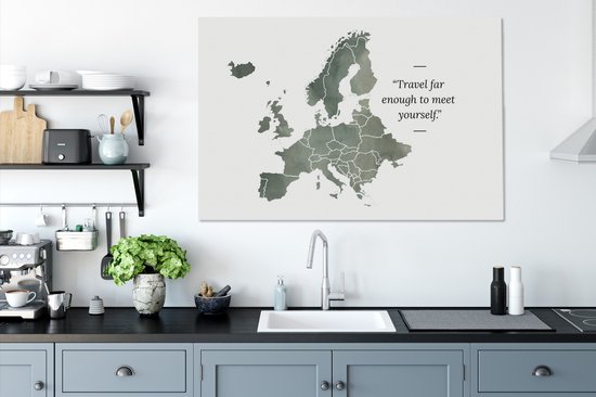 Carte de l'Europe à l'aquarelle grise avec la citation Voyagez assez loin pour vous retrouver 120x80 cm - Tirage photo sur toile (Décoration murale salon / chambre)