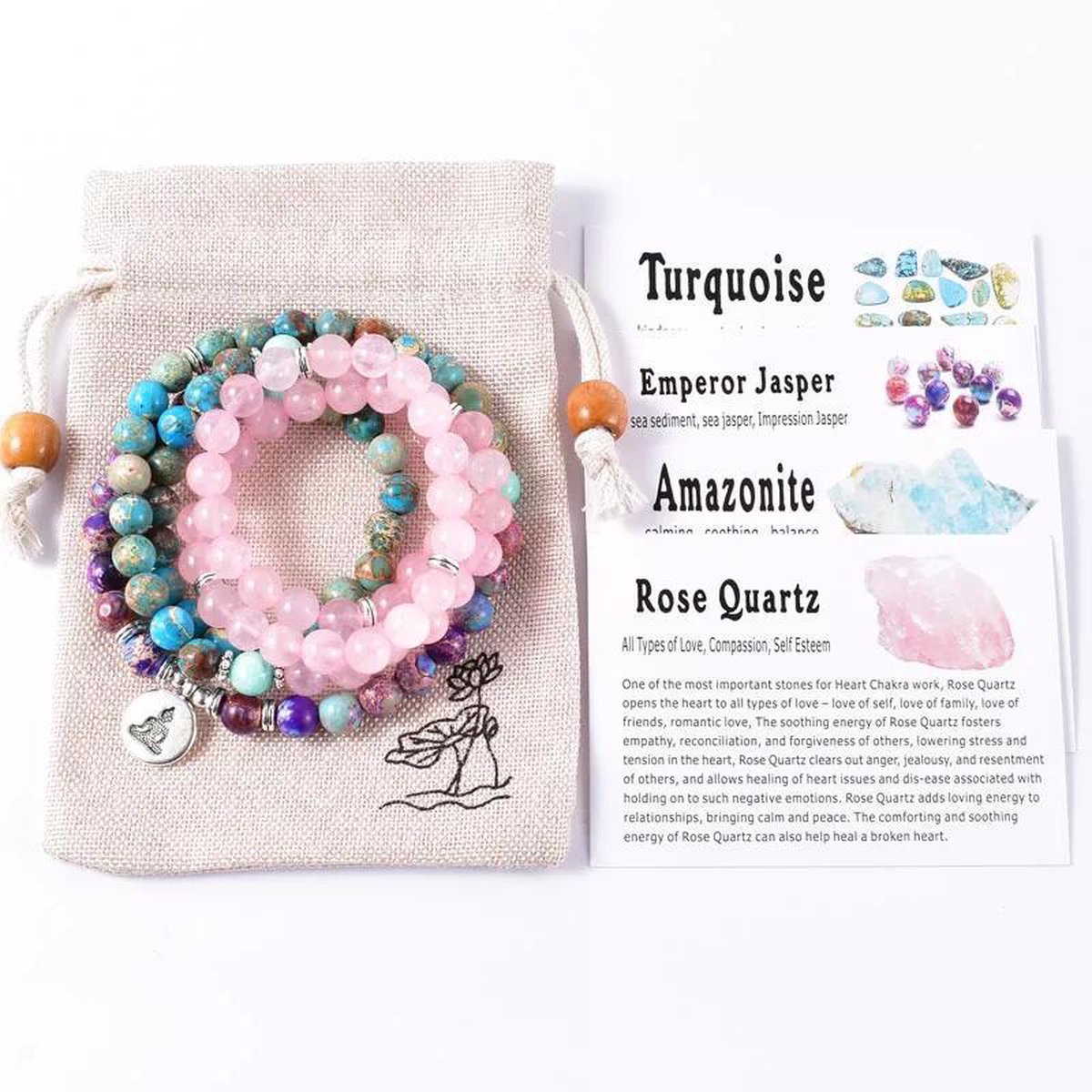 108 Mala Ketting / armband rozenkwarts / turkoois / emperor jasper keizer jaspis - natuursteen - Boeddha - Yoga - Meditatie - Buddha - Gebedssnoer - Kralenketting - edelsteen kralen - Sparkolia