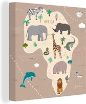 Canvas Wereldkaart - 90x90 - Wanddecoratie Dieren - Wereldkaart - Kinderen - Afrika - Kids - Jongens - Meisjes