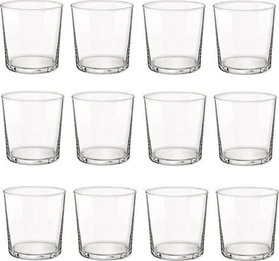 Douze verres à eau clairs et cylindriques avec fond épais, disposés en trois rangées.