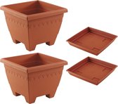 4x stuks vierkante plantenbakken/potten  35 x 35 x 27 cm terra cotta kleur met opvangschaal van 31 cm - Kunststof - Buiten gebruik