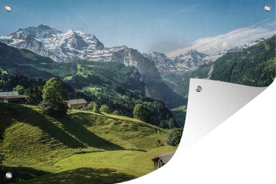 Tuindecoratie Heuvelachtig gebied voor de Jungfraujoch - 60x40 cm - Tuinposter - Tuindoek - Buitenposter