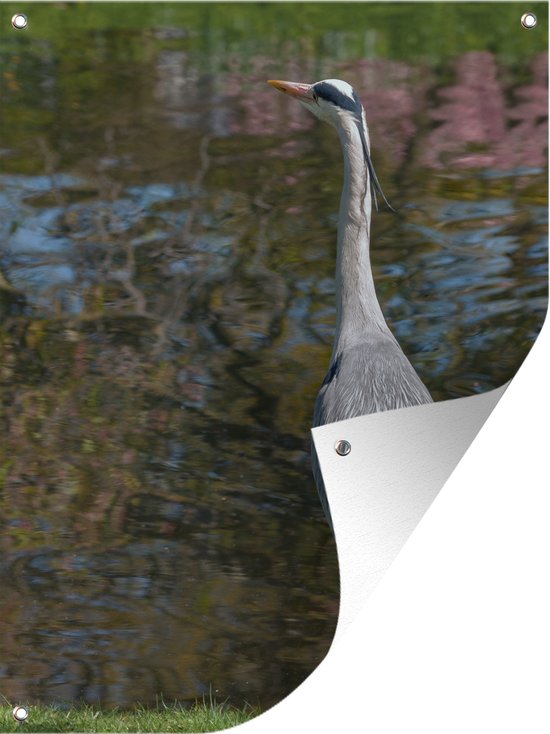Tuin decoratie Een kleine groene reiger bij een vijver 30x40 cm Tuindoek bol