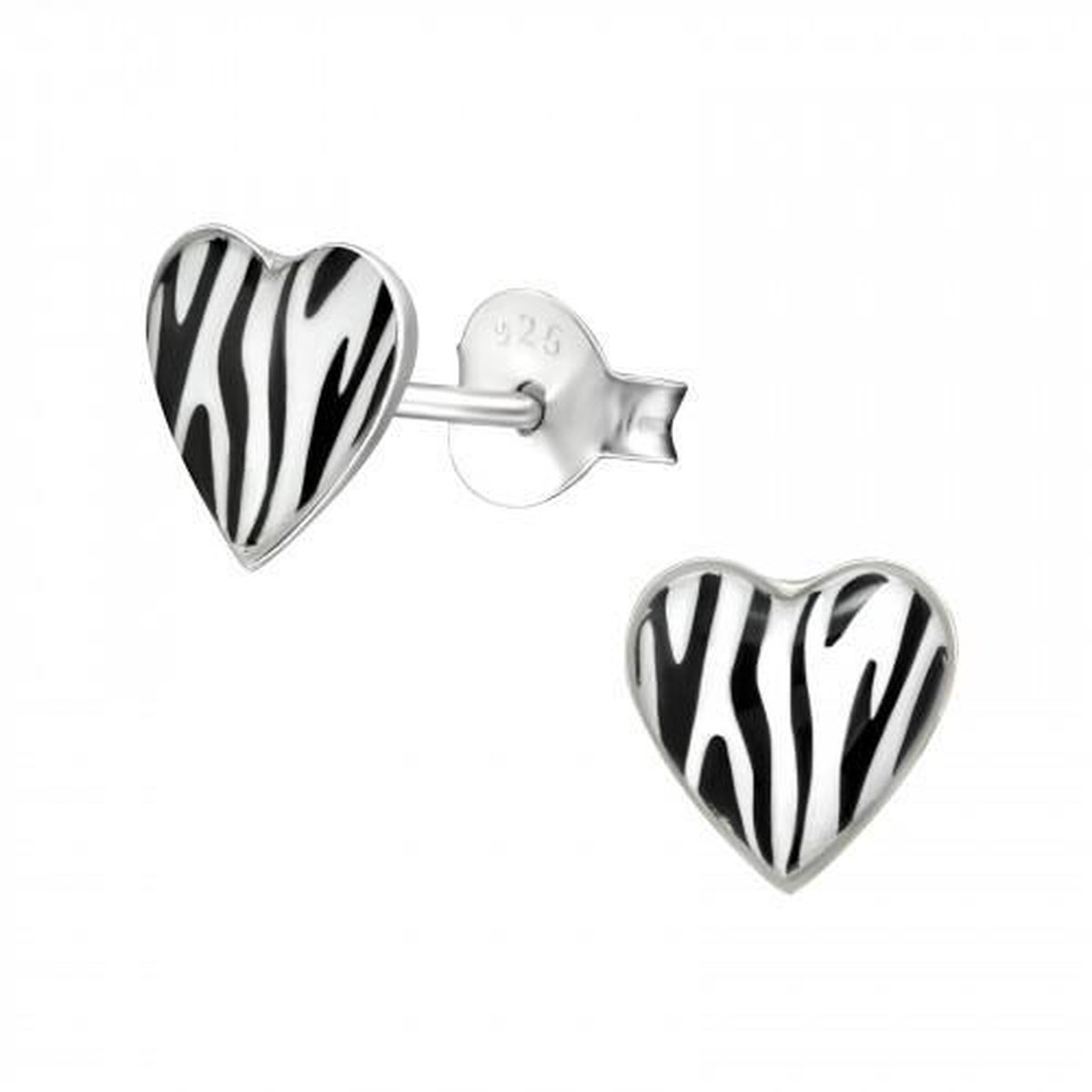 Zilveren oorbellen - meisjes oorstekers - hartjes met zebraprint
