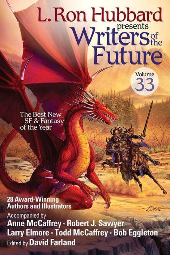 Boekomslag van L. Ron Hubbard presenteert Writers of the Future Volume 33. Rode draak zit naast ridder te paard, bergen en bomen op achtergrond.