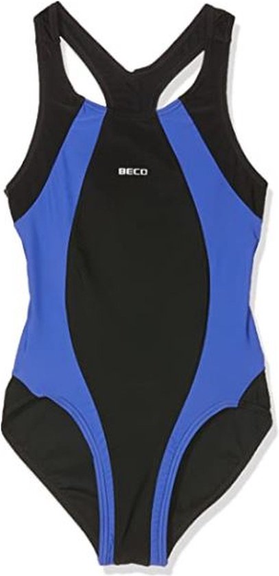 Zwart zwempak met racerback, blauwe zijkanten en BECO-logo.