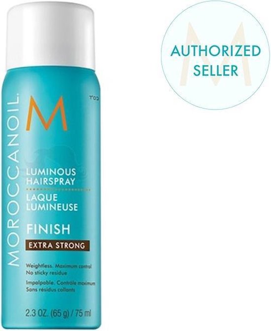 Turquoise Moroccanoil Luminous Hairspray Extra Strong fles, 2.3 oz., met "Authorized Seller" sticker.