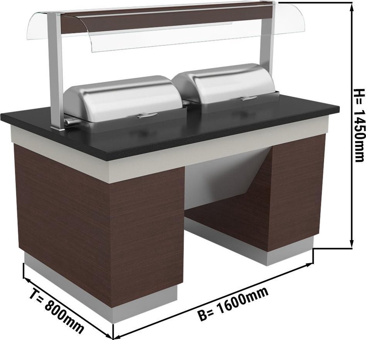 Warme buffettoonbank - 1,6 x 0,8 m - met 2 chafing dishes | GGM Gastro