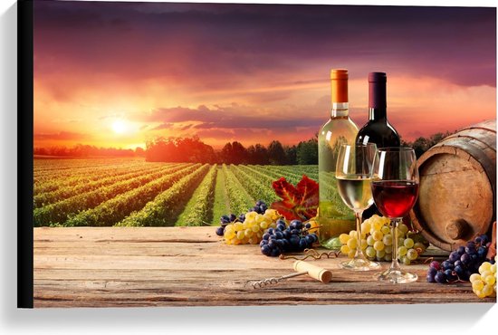 Canvas  - Wijn en Druiven voor Wijngaard - 60x40cm Foto op Canvas Schilderij (Wanddecoratie op Canvas)