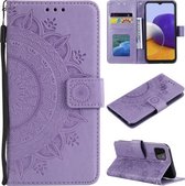 Voor Samsung Galaxy A22 5G Totem Bloem Reliëf Horizontale Flip TPU + PU Lederen Case met Houder & Kaartsleuven & Portemonnee (Paars)