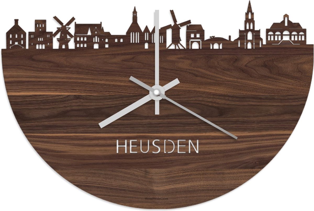 Skyline Klok Heusden Notenhout - Ø 40 cm - Stil uurwerk - Wanddecoratie - Meer steden beschikbaar - Woonkamer idee - Woondecoratie - City Art - Steden kunst - Cadeau voor hem - Cadeau voor haar - Jubileum - Trouwerij - Housewarming - WoodWideCities