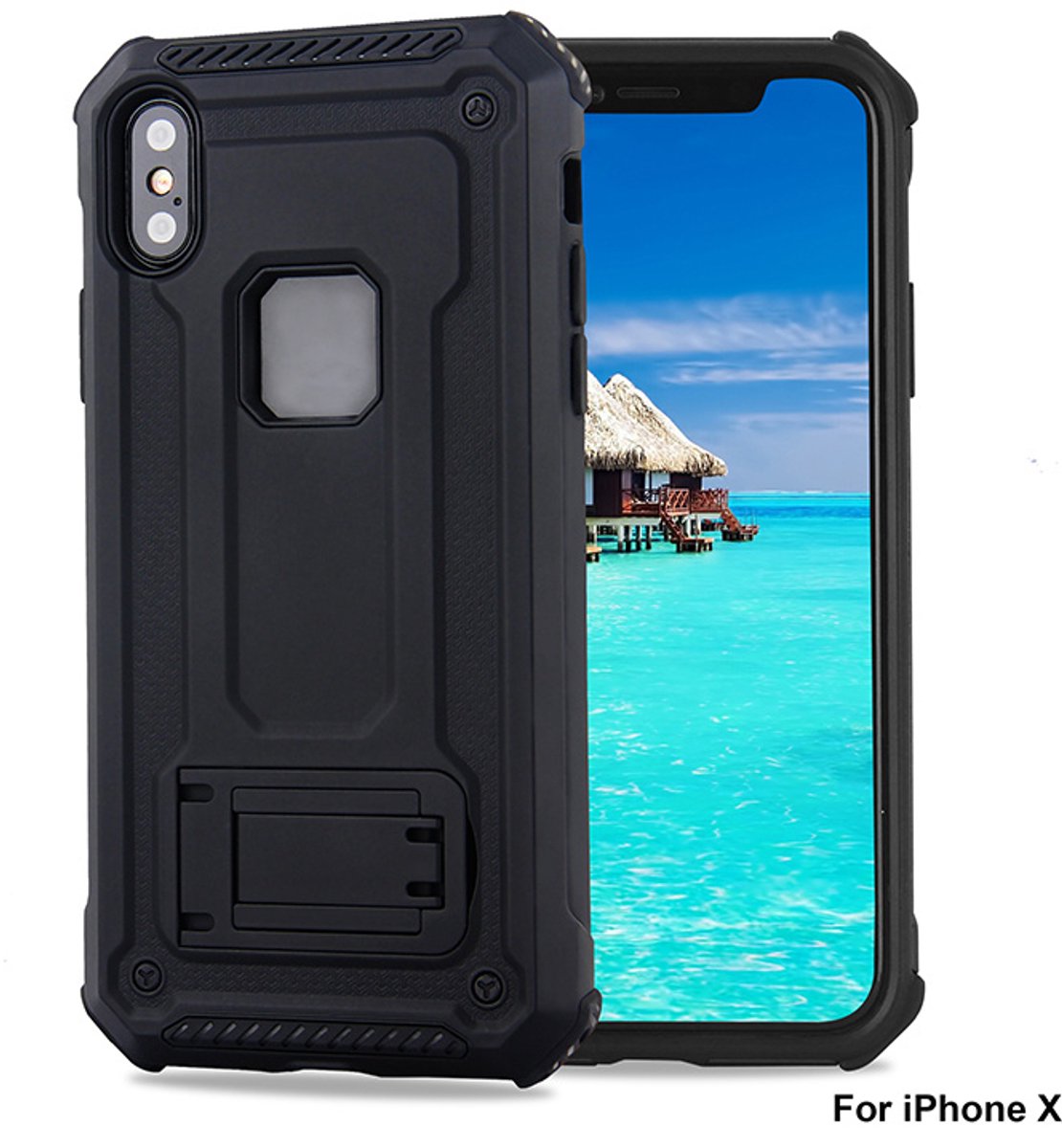 Ntech hoesje Geschikt voor iPhone X / Xs - Armor hoesje met Kickstand - Zwart