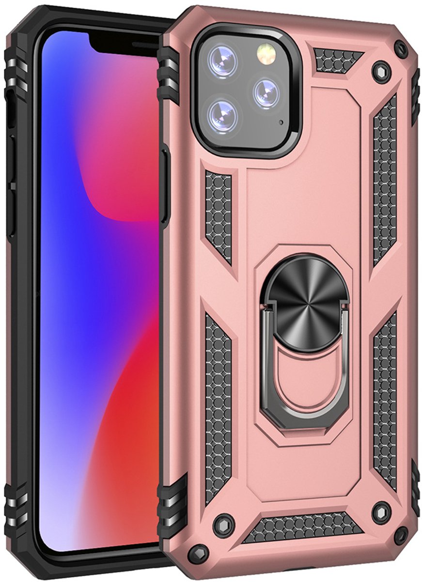 Ntech hoesje Geschikt voor iPhone 11 Pro Armor Ringhouder TPU - Rosegoud