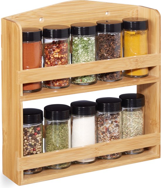 Étagère à épices Relaxdays , 10 pots, avec trous d'arrosage et couvercle à vis, debout et suspendu, bambou, étagère à épices, naturel