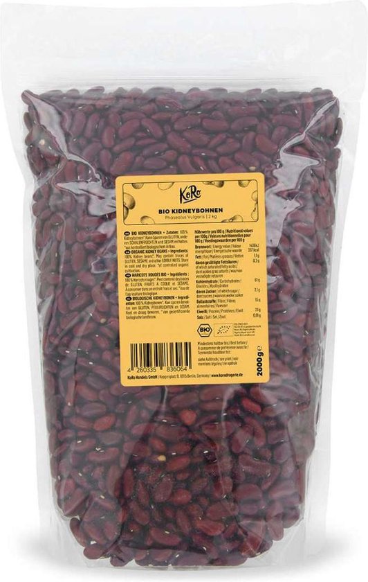 Grote zak biologische kidneybonen, 2000g. Gevuld met donkerrode bonen.