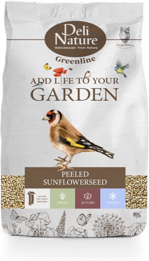 Deli Nature Greenline zak met gepelde zonnebloempitten, met een afbeelding van een putter en vogels, en de tekst 'ADD LIFE TO YOUR GARDEN'.
