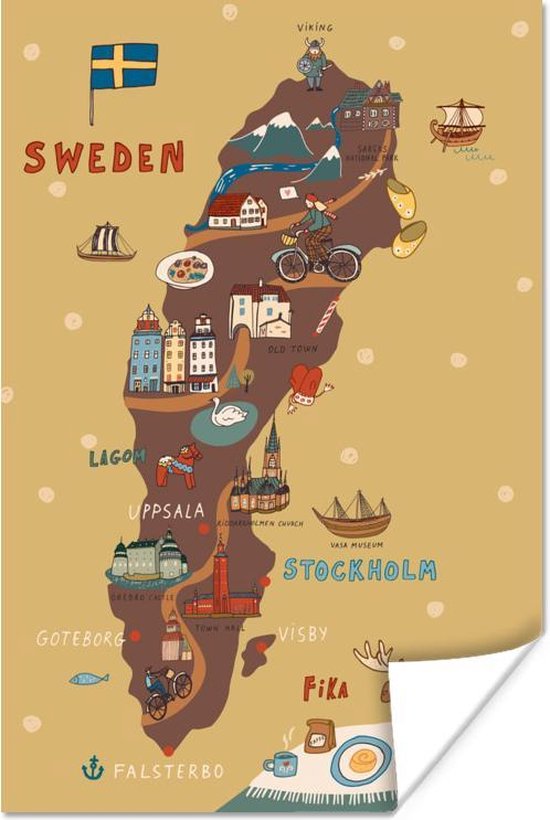 Poster Illustratie Scandinavië met de landkaart van Zweden - 20x30 cm