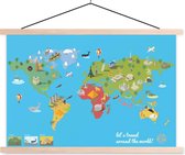 Textielposter - Wereldkaart Kinderen - Modern - Symbolen - 150x100 cm - Schoolplaat - Textiel poster