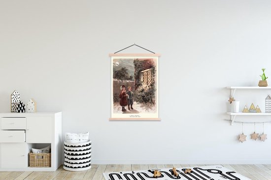 Posterhanger incl. Poster 120x160 cm - Schoolplaat - Portret Kerst - Winter - Vintage - Textielposter - Blanke latten