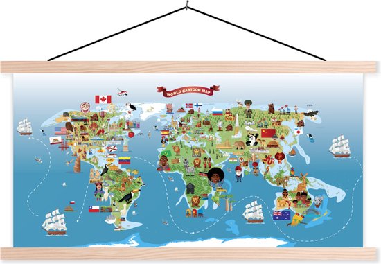 Posterhanger incl. Poster - Schoolplaat - Een cartoonillustratie van een kaart van de wereld - 150x75 cm - Blanke latten