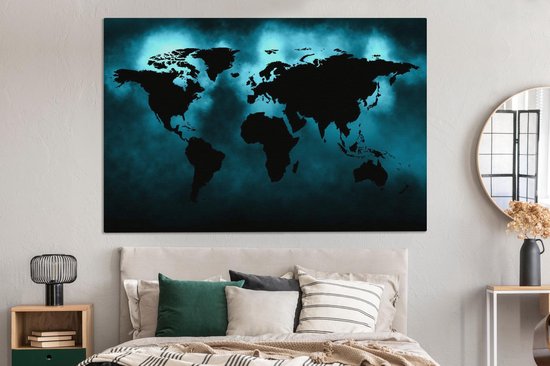 Peintures Toile Wereldkaart - Zwart - Blauw - 150x100 cm - Décoration murale