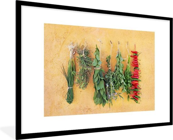 Image encadrée - Cadre photo méditerranéen à base de plantes noir avec passe partout blanc 60x90 90x60 cm - Affiche encadrée (Décoration murale salon / chambre)