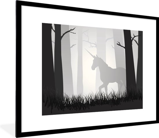 Fotolijst incl. Poster - Een illustratie van een eenhoorn in een mistig bos - Meisjes - Kind - Kids - 80x60 cm - Posterlijst